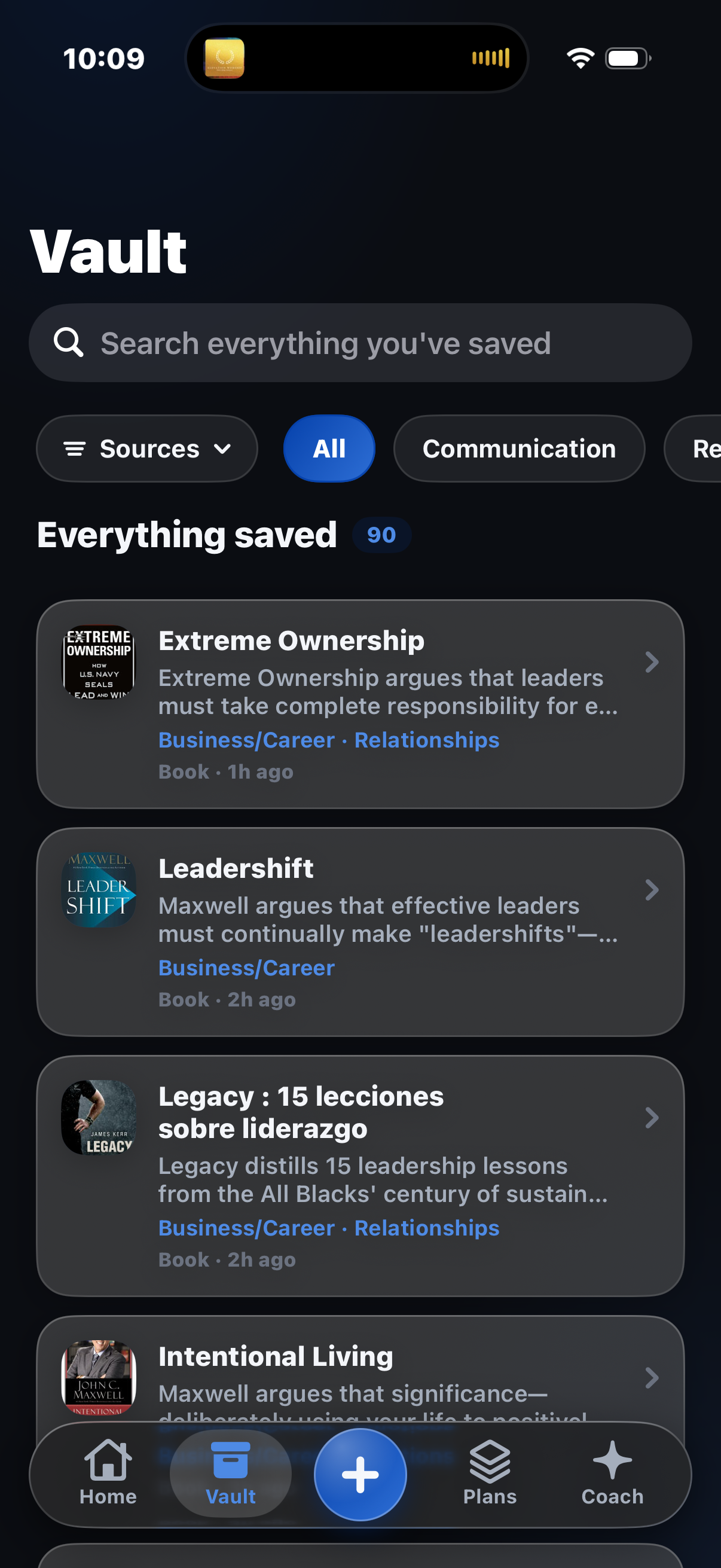 Your leadership vault — everything you've saved, searchable in seconds