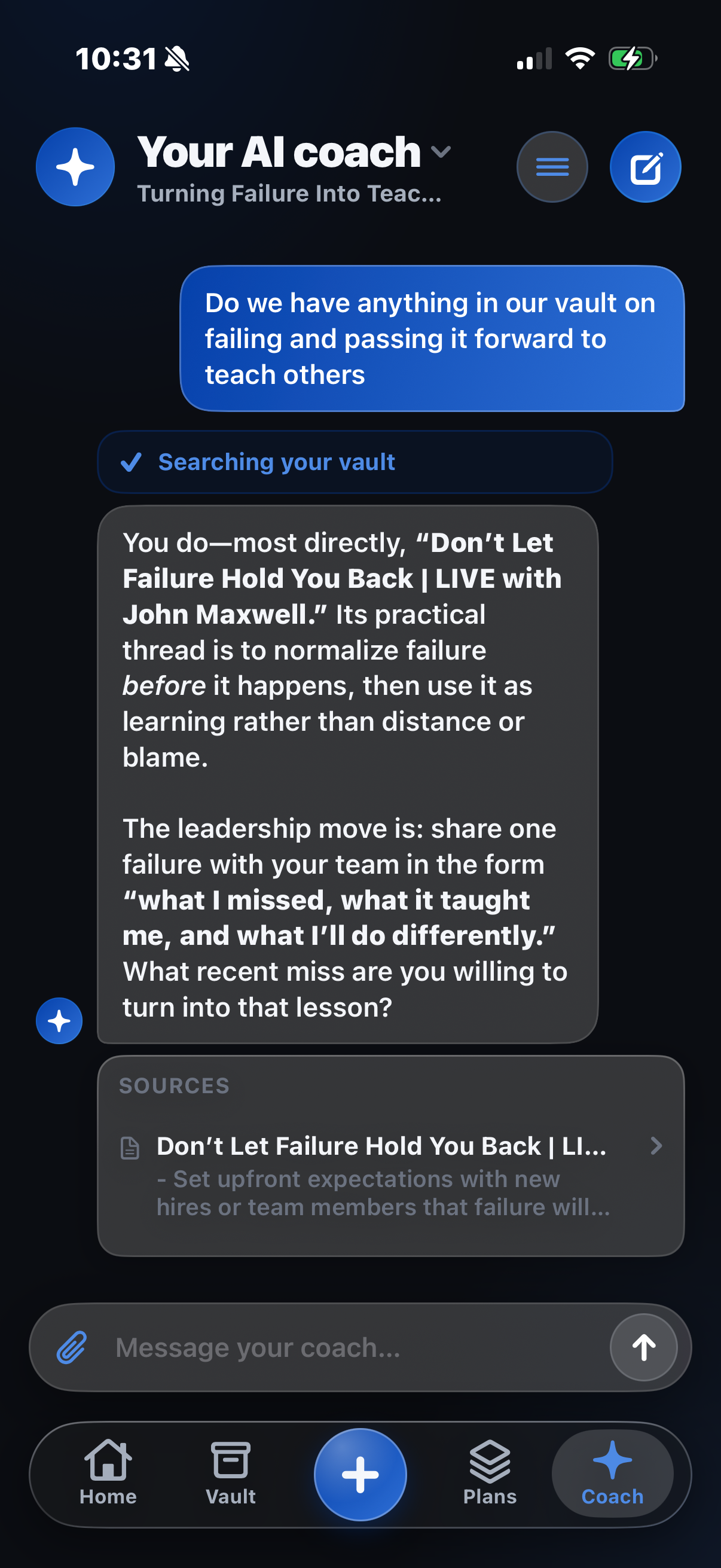 Your AI coach answering with guidance drawn from your vault