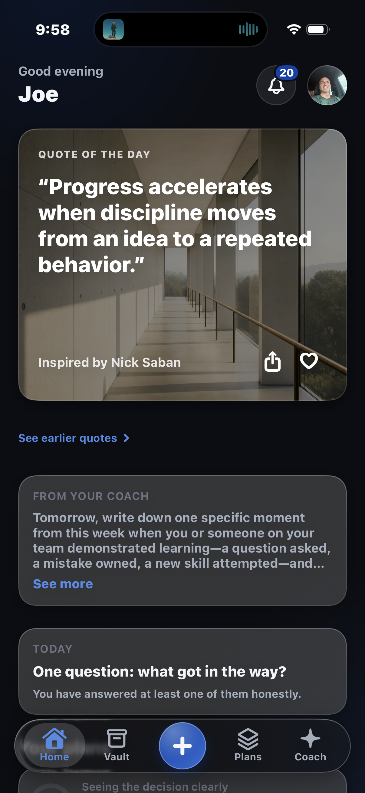 Leadergize dashboard — daily quote, today's priority, coaching suggestions, and active streaks
