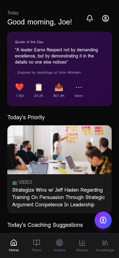Leadergize dashboard — daily quote, today's priority, coaching suggestions, and active streaks